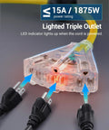40 Ft Retractable Extension Cord Reel With A Heavy Duty SJTOW Cable Triple Outlets And 15A Breaker illuminated outlets