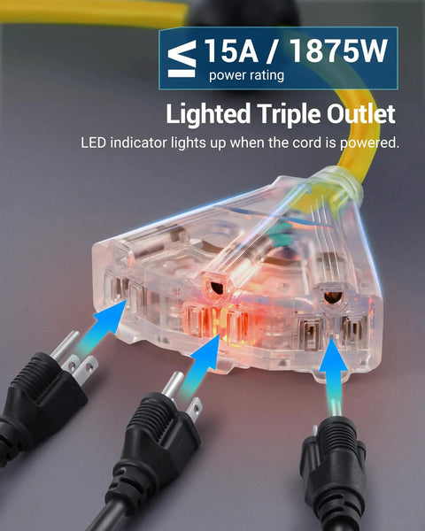 40 Ft Retractable Extension Cord Reel With A Heavy Duty SJTOW Cable Triple Outlets And 15A Breaker illuminated outlets
