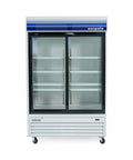 Straight Up Heavy Duty Commercial Glass Door Refrigerator With 53 Inch Width And 45 Cubic Feet Storage Featuring Zero Sweat Digital Temp Settings Flexible Wire Bins And Top Shelf Internal Led Brightness front view with clear doors and adjustable shelves.