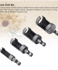 Hardwood Shop Tough Four Piece Plug Cutter Set With Hex Shank For Router Bit Holes, carbon steel drill bits in various sizes.