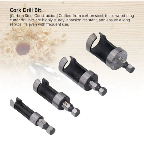 Hardwood Shop Tough Four Piece Plug Cutter Set With Hex Shank For Router Bit Holes, carbon steel drill bits in various sizes.