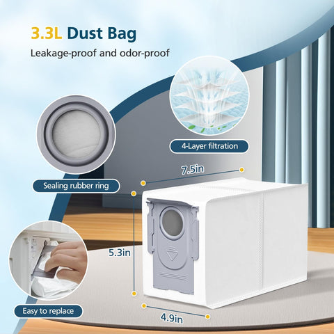 3.3L dust bag with 4-layer filtration features in Must Have Replacement Vacuum Parts Kit For Roborock S5V Curv Edge Edge S5A Curv S5X Includes 2 Sets Main Brush 6 Mop Pads 6 Vacuum Bags 4 HEPA Filters 6 Side Brushes And 2 Cleaning Tools Easy To Install.