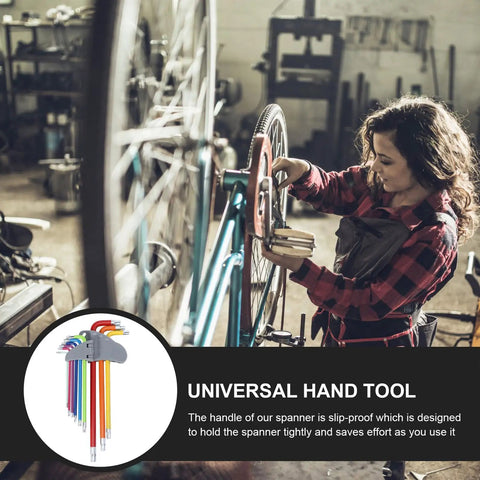 Chill Out With This Badass 9 Piece Colored Star Hex Key Wrench Set, Long Arm Steel Repair Spanner Kit For Car Emergencies And Home Fix Ups That Totally Slaps. Color hex key set used on bicycle wheel