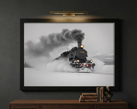 Steam Locomotive In Snow Winter Train Framed Poster Canvas Print For Wall Art Rustic Industrial Aesthetic in living room decor