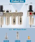 Half Inch NPT Top-Notch Pro Grade Four Stage Air Dryer System With Auto Drain, product dimensions and components shown