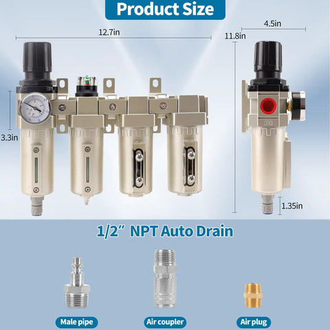 Half Inch NPT Top-Notch Pro Grade Four Stage Air Dryer System With Auto Drain, product dimensions and components shown