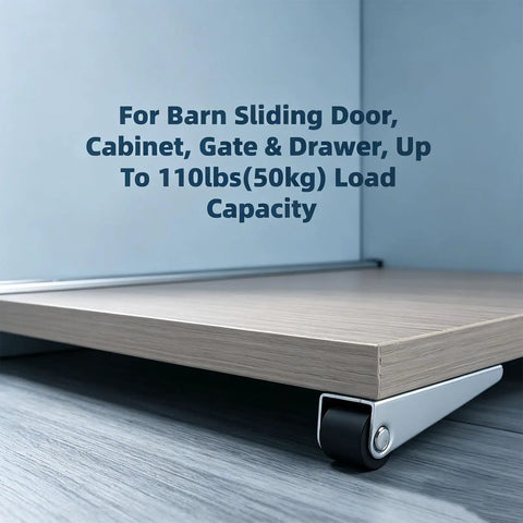 Top Shelf Vertical Track Roller Wheels For Heavy Sliding Doors And Cabinets Plus Silky Smooth Rubber Casters With No Hassle Anti Sag Design For Effortless Drawer Glide And Gate Swings Two Pack showing a close-up of a roller wheel under a sliding cabinet door.