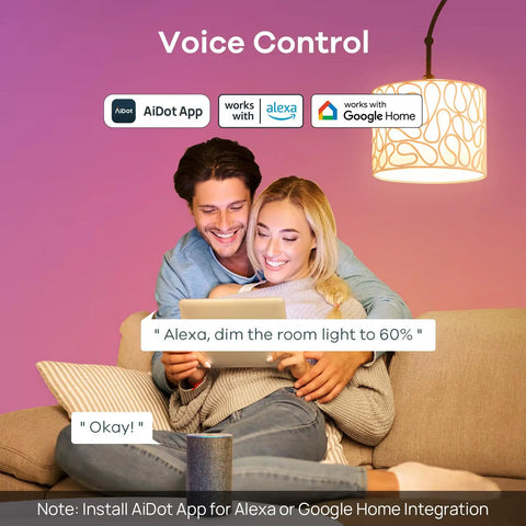 Couple using Smart LED Bulbs That Play Nice With Alexa And Google Home, No Hub Needed, WiFi Bluetooth, RGB and white color changing.