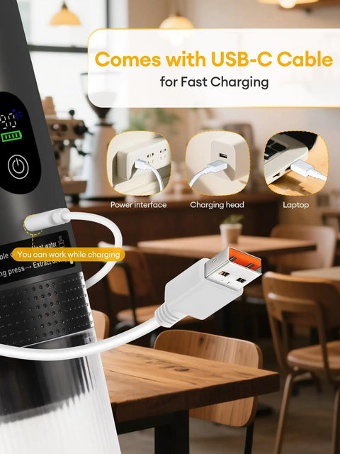 Kickstart Your Journey With This Grab And Go Portable Espresso Machine Featuring Smart Led Display And 20 Bar Battery Powered Coffee Maker To Smash Cravings On The Trail Or At Home. USB-C cable connecting to espresso machine.