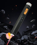 Front view of TFN 3-in-1 fiber optic tester with LCD display on a black handheld body and orange laser tip.