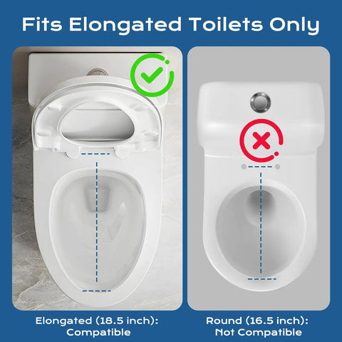 Elongated Bidet Toilet Seat With Adjustable Water Pressure Self Cleaning Nozzles Slow Close Lid fits elongated toilets only, image comparing sizes.
