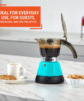Hassle Free Electric Espresso Maker Compact Coffee Brewer For Daily Grind, teal aluminum body brewing espresso on countertop.