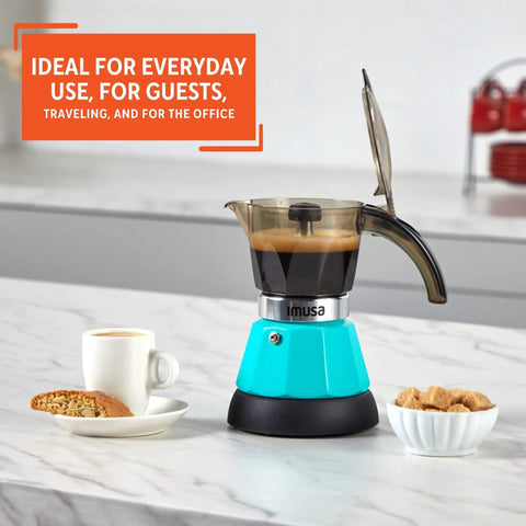 Hassle Free Electric Espresso Maker Compact Coffee Brewer For Daily Grind, teal aluminum body brewing espresso on countertop.