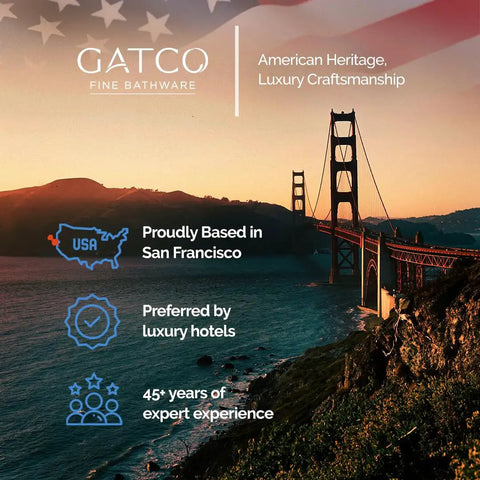 Golden Gate Bridge at sunset with Gatco Fine Bathware logo and text highlighting San Francisco base and hotel preference.