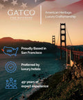 Image of the Golden Gate Bridge with Gatco Fine Bathware text, highlighting American heritage and craftsmanship.