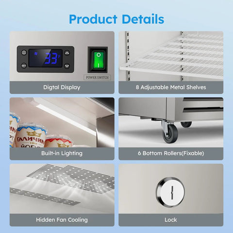 Heavy Duty Commercial Freezer 52 Cubic Feet Capacity Slick Stainless Steel Build showing digital display and adjustable shelves.