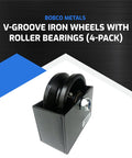 Cast-iron V-groove gate wheel set in black housing; four 4x1.5-inch wheels for residential rolling gates