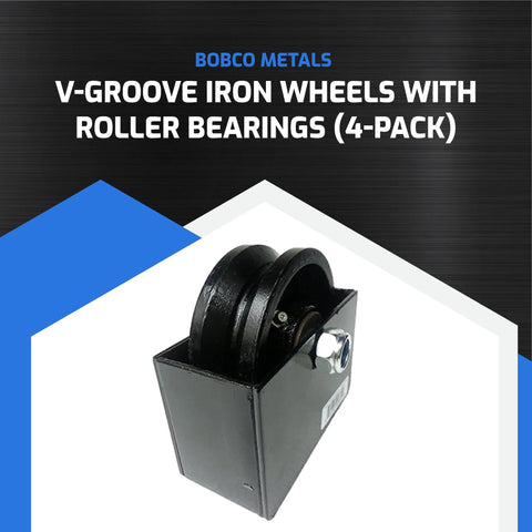Cast-iron V-groove gate wheel set in black housing; four 4x1.5-inch wheels for residential rolling gates