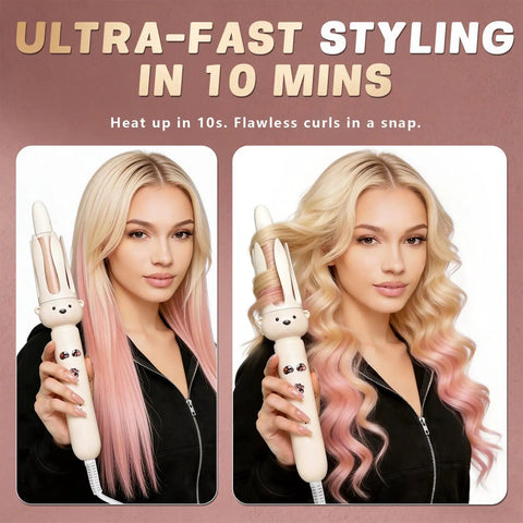 Woman showing before and after using Automatic Rotating Curling Iron 28mm Barrel For Beachy Waves Salon Quality One Click Styling