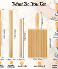 All In One 7 Piece Wood Pasta Making Set With Gnocchi Board Ravioli Stamp Makers Rolling Pin And Tools For Beginners And Home Cooks Italian Style Pasta Kit For Gnocchi Garganelli And Ravioli Lovers Gift displaying components with dimensions.