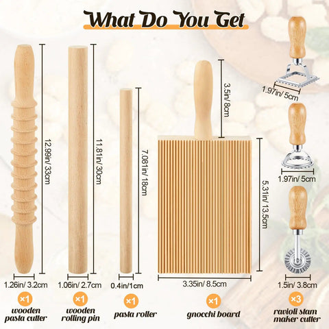 All In One 7 Piece Wood Pasta Making Set With Gnocchi Board Ravioli Stamp Makers Rolling Pin And Tools For Beginners And Home Cooks Italian Style Pasta Kit For Gnocchi Garganelli And Ravioli Lovers Gift displaying components with dimensions.