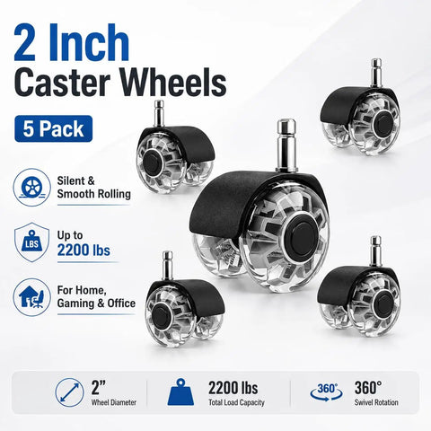 2 Inch Heavy Duty Chair Caster Wheels 5 Pack Silent Swivel Replacement Casters Clear dual wheel design with smooth gliding.