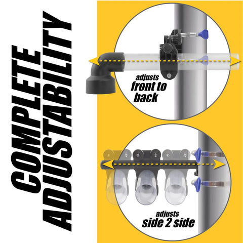 Top Shelf Pro Grade Universal Drill Press Dust Collector With Multi Axis Adjustable Hose Mount showing side and front adjustability features.