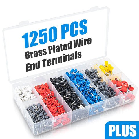 Open box showing 1250 brass plated wire end terminals for Ferrule Crimping Tool Kit With 1250Pcs Wire Ferrules, Self Adjusting Ratchet Crimpers For AWG 23-7 And 0.25-10mm2 Cable Terminals, Brass Plated Wire End Terminals For Quick, Easy Electrical Hookups.