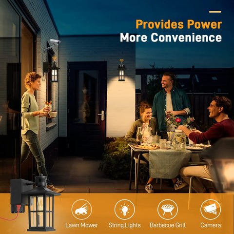 People enjoying evening with Porch Lights With Outlet GFCI Motion Sensor Outdoor Wall Light Black Waterproof Dusk To Dawn Lantern