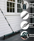 Heavy Duty Outdoor Push Broom With Hella Durable Stiff Bristles And 58 Inch Long Handle in outdoor setting with details.