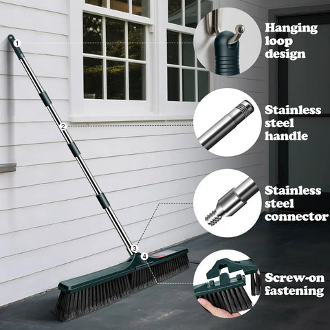 Heavy Duty Outdoor Push Broom With Hella Durable Stiff Bristles And 58 Inch Long Handle in outdoor setting with details.