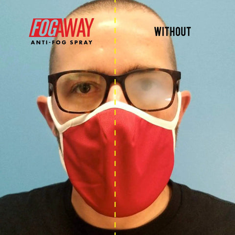 Split image of a man wearing glasses and a red mask, showing Fog Away Anti Fog Spray For Swim Goggles Glasses And Home Electronics Keeps Lenses Clear Instantly No Haze With Silicone Free Formula That Goes On Transparent And Works Against Heat Cold And Humidity on one side without fog, and fog on the other side.