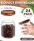 24 Pack Glass Canister Set With Tight Wood Lids For A No Sweat Pantry Setup, 17 Oz Food Jars showing dimensions and coffee beans.