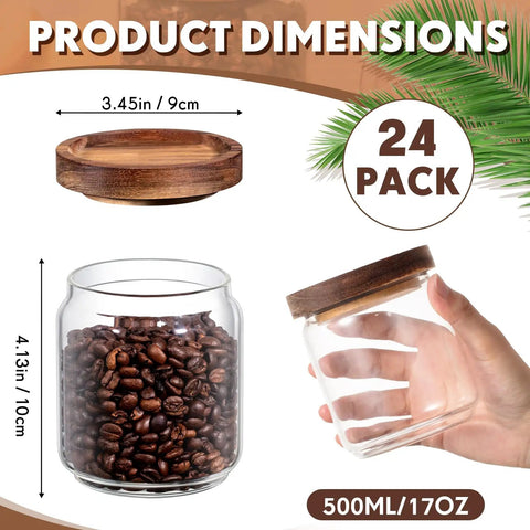 24 Pack Glass Canister Set With Tight Wood Lids For A No Sweat Pantry Setup, 17 Oz Food Jars showing dimensions and coffee beans.