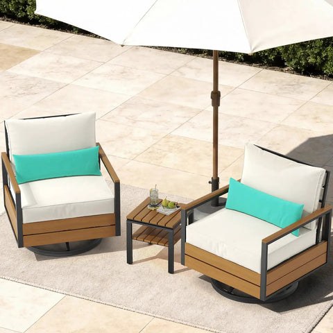 Three Piece Outdoor Bistro Set With 360 Swivel Rocking Chair And Two Tier Solid Acacia Wood Sliding Coffee Table White Six Inch Cushions For Backyard Or Poolside Vibes, two chairs and table on patio
