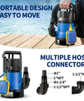 1.1Hp Submersible Sump Pump Handles Crunch Time With Ease Pushing 4600 GPH Through IPX8 Waterproof Gear Paired With Automatic Float Switch for portable design with multiple hose connectors.