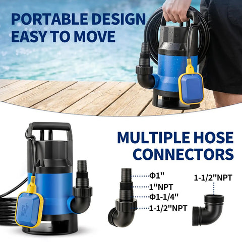 1.1Hp Submersible Sump Pump Handles Crunch Time With Ease Pushing 4600 GPH Through IPX8 Waterproof Gear Paired With Automatic Float Switch for portable design with multiple hose connectors.