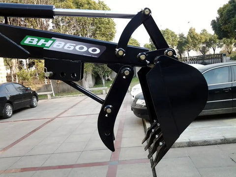 3 Point Hitch PTO Hydraulic Backhoe Attachment With 15 Inch Bucket Fits CAT 1 Tractors Like John Deere And Kubota, side angle