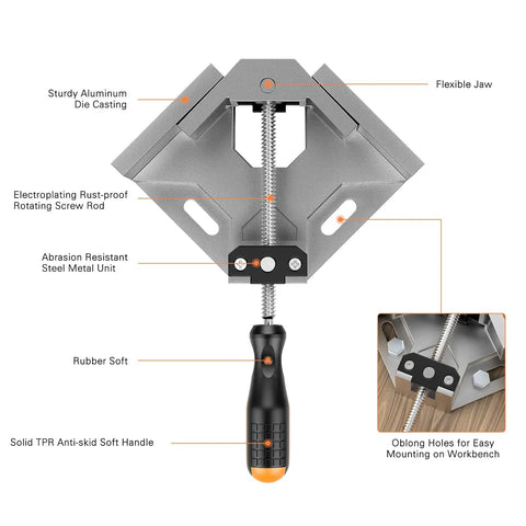 Right Angle Corner Clamp 4 Pack With Single Handle, 90 Degree Aluminum Alloy Pro-Grade Woodworking Clamps with annotations