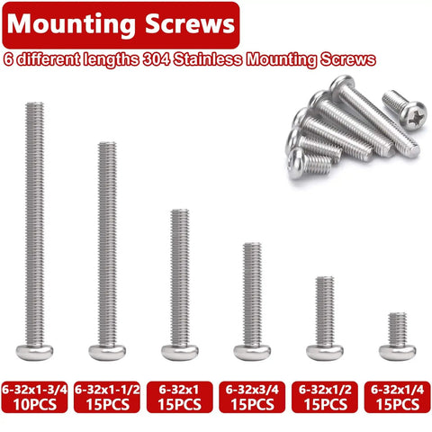 Assorted 6-32 mounting screws in six lengths from 175 Piece Red Electrical Outlet Spacers Kit With 85 Six Thirty Two Cup Head Mounting Screws