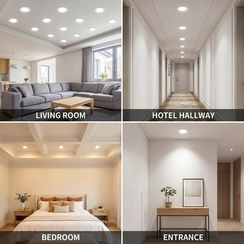 Ultra-Thin 2in Recessed Lighting Kit Panel Lights For Ceiling Installation in living room, hotel hallway, bedroom, and entrance.