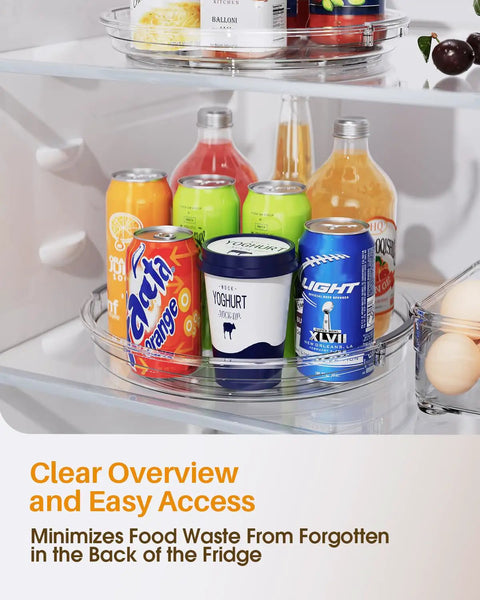 Clear Two Pack Rotating Lazy Susan Turntable For Kitchen Cabinets And Fridge Shelves, 10.6 inch width, organized fridge storage.