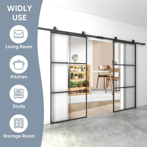 Double Barn Door Set 72 By 96 Inches With 12 Feet Hardware Kit Includes Two 36 By 96 Clear Tempered Glass Panels Aluminum Frame
