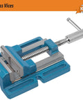Low Profile Drill Press Vise 4 Inch DRL 100 Built Tough For Drilling Reaming And Tapping Projects With Cast Iron Base In Blue