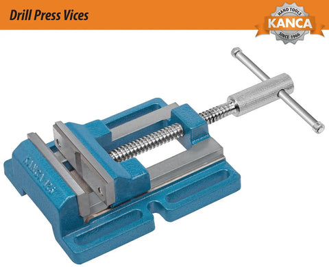 Low Profile Drill Press Vise 4 Inch DRL 100 Built Tough For Drilling Reaming And Tapping Projects With Cast Iron Base In Blue