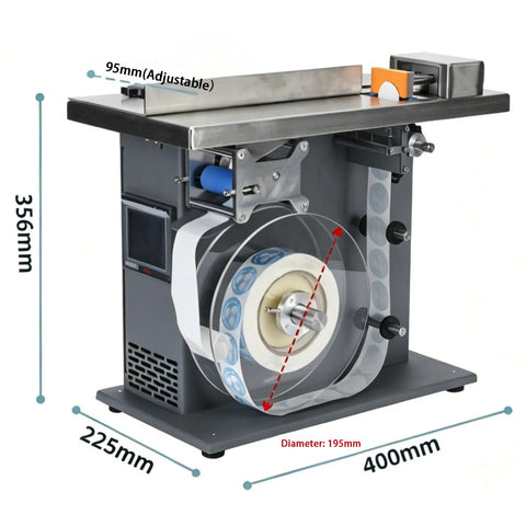 Heavy Duty Right Angle Labeler With Slick PLC Touch Screen And Hassle Free Width Adjustments For Snappy Cosmetic Food And Electronics Box Work That Runs Smooth On Two Point Five To Three Centimeter Rolls Daily, showing dimensions and adjustable features.