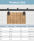 Outdoor Heavy Duty Exterior Barn Door Hardware Kit with box rail system shown with size chart for sheds and barns.