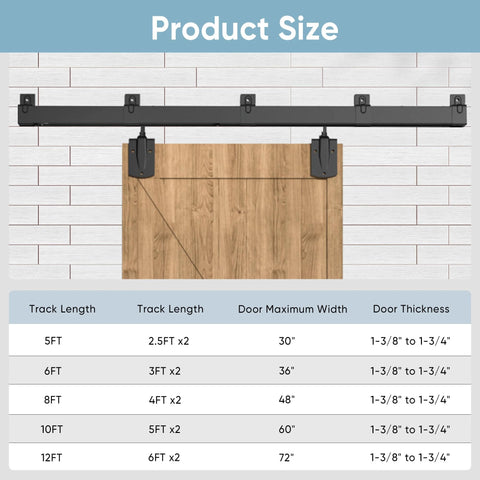 Outdoor Heavy Duty Exterior Barn Door Hardware Kit with box rail system shown with size chart for sheds and barns.