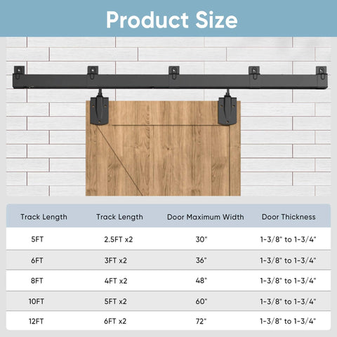 Heavy Duty Exterior Barn Door Hardware Kit For Outdoor Use With Box Rail Sliding Track Built To Last And Tough As Nails And Supports Up To 450 Lbs For One Door Black Finish Weather Resistant And Rustproof Ideal For Sheds Stables Garages And Workshops shown with track lengths and door sizes.