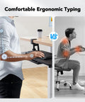 Side-by-side of ergonomic use of Space-Saving Large Under Desk Keyboard Tray With Sturdy C Clamp Mount vs improper posture for easy typing